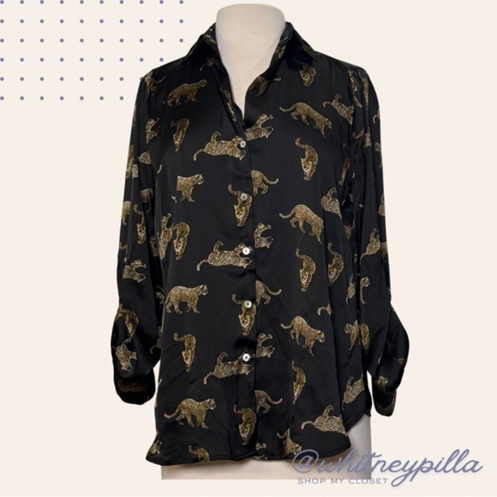 Haver London Blouse cheetah print Button Down Top Black, Tan & Gold XS
